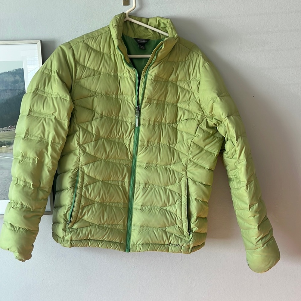 Eddie Bauer Goose Down Green Puffer Bomber Jacket Parka Coat Winter Women's L